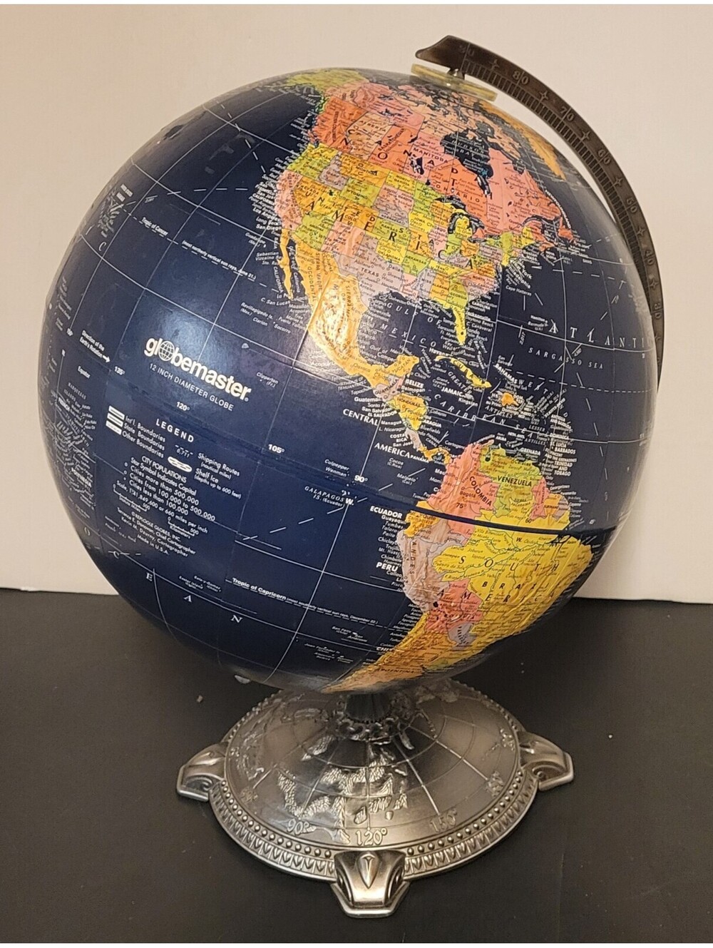 Vtg Replogle Globemaster 12" Diameter Globe Dark Ocean Art-Deco Style Metal Base